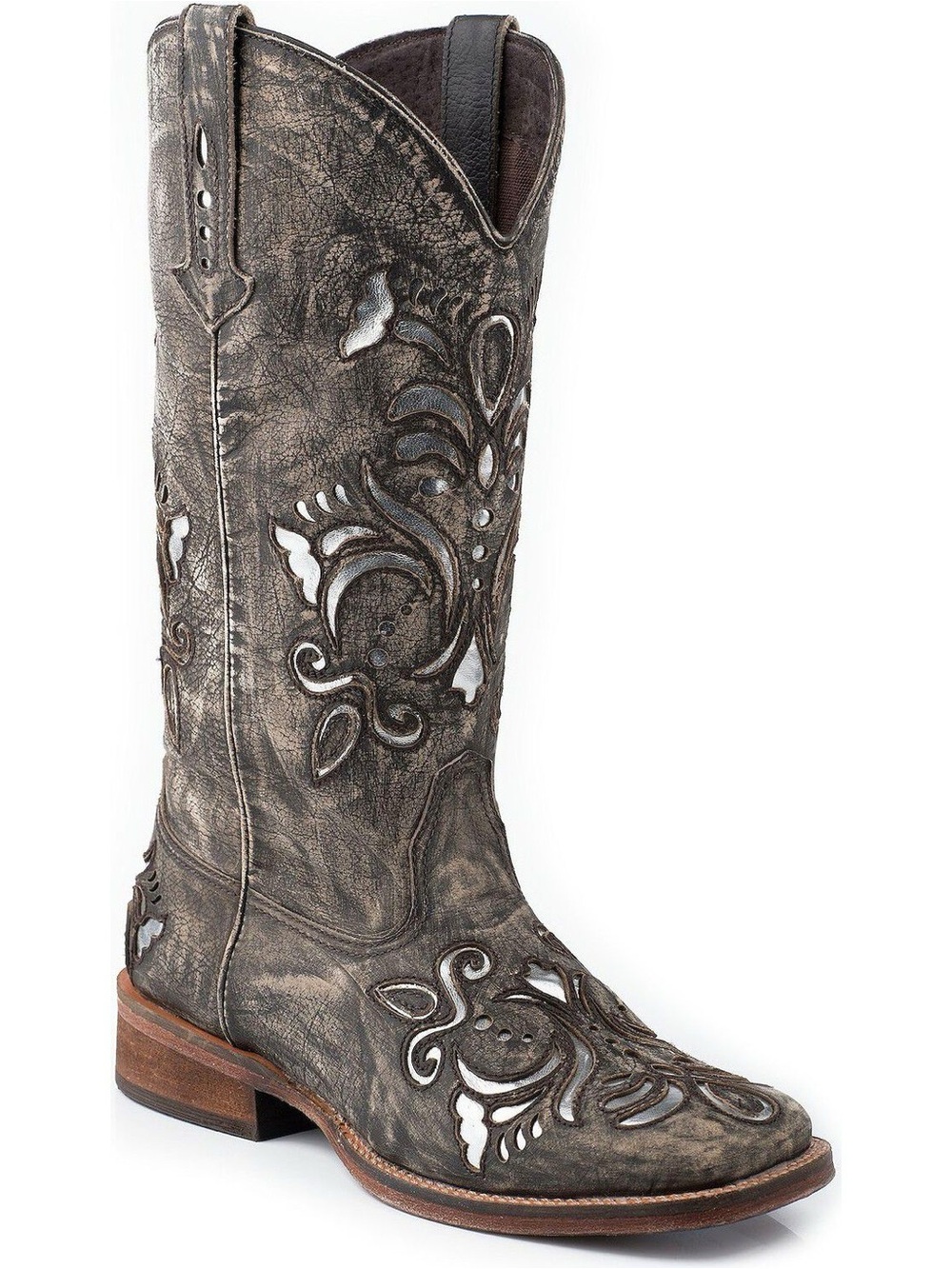 ROPER WOMEN'S FANCY SILVER INLAY WESTERN BOOTS - SQUARE TOE